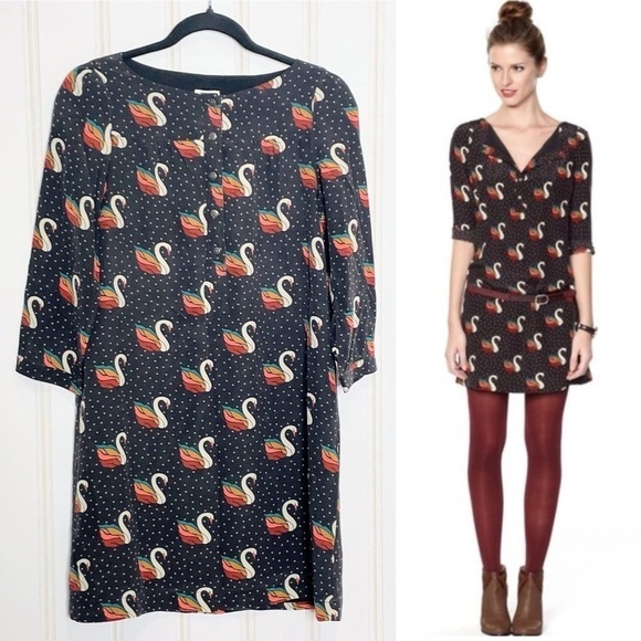 Fossil Swan Print Silk Shift Dress Black XS -186 - Picture 1 of 12